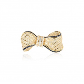 Yellow Gold Diamond and Sapphire Bow Brooch